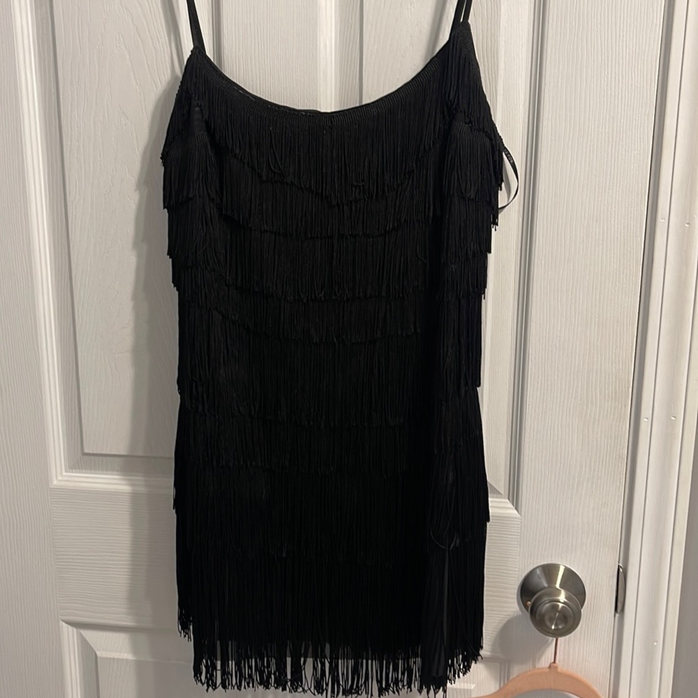 White fox XL black fringe dress